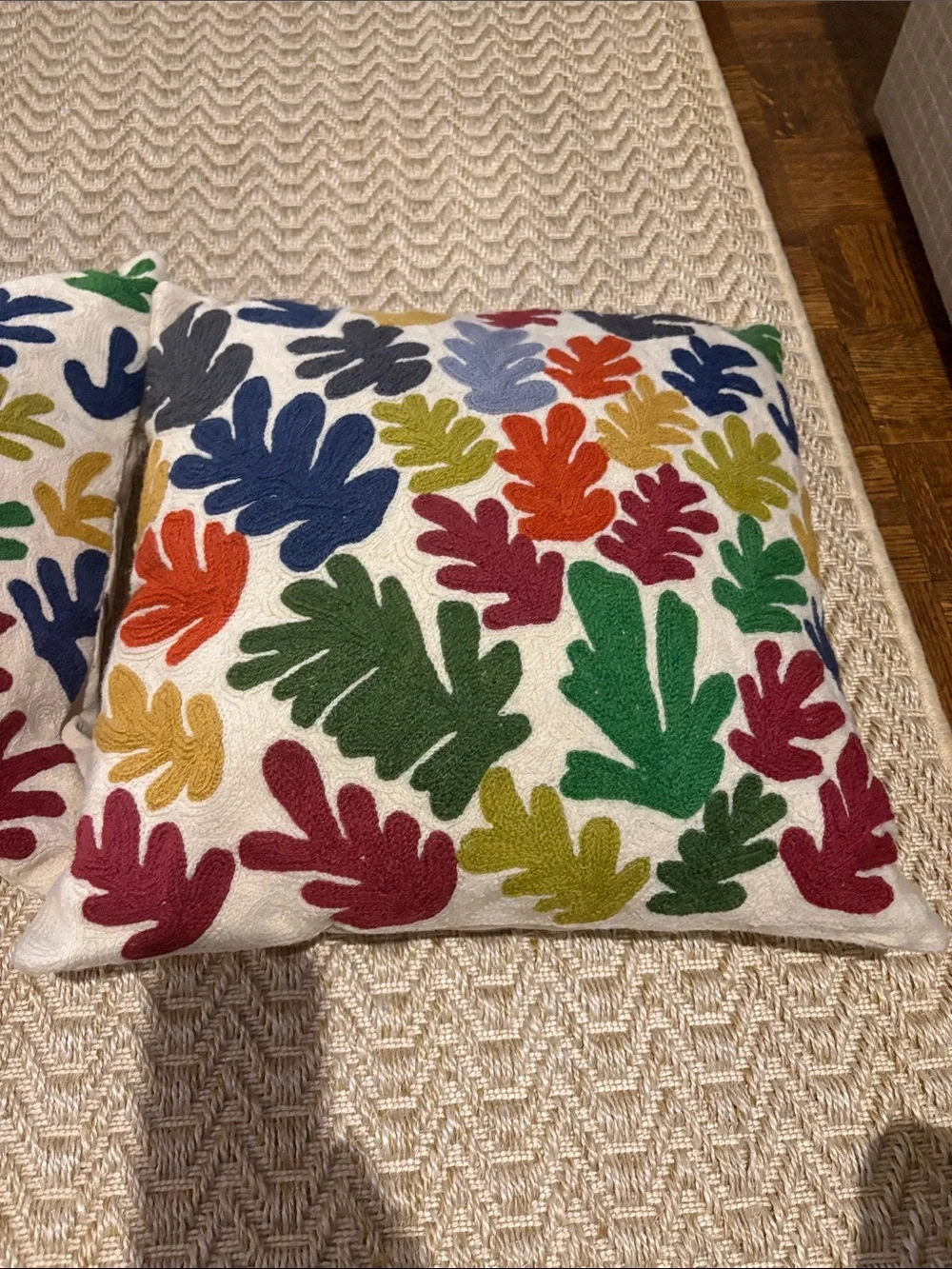Embroidered Leaf Pattern Throw Pillows - Multicolor on Cream